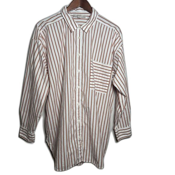 Loft Long Sleeve Brown White Striped Button Front Shirt Women's Size XL *SPOT* - Picture 1 of 16